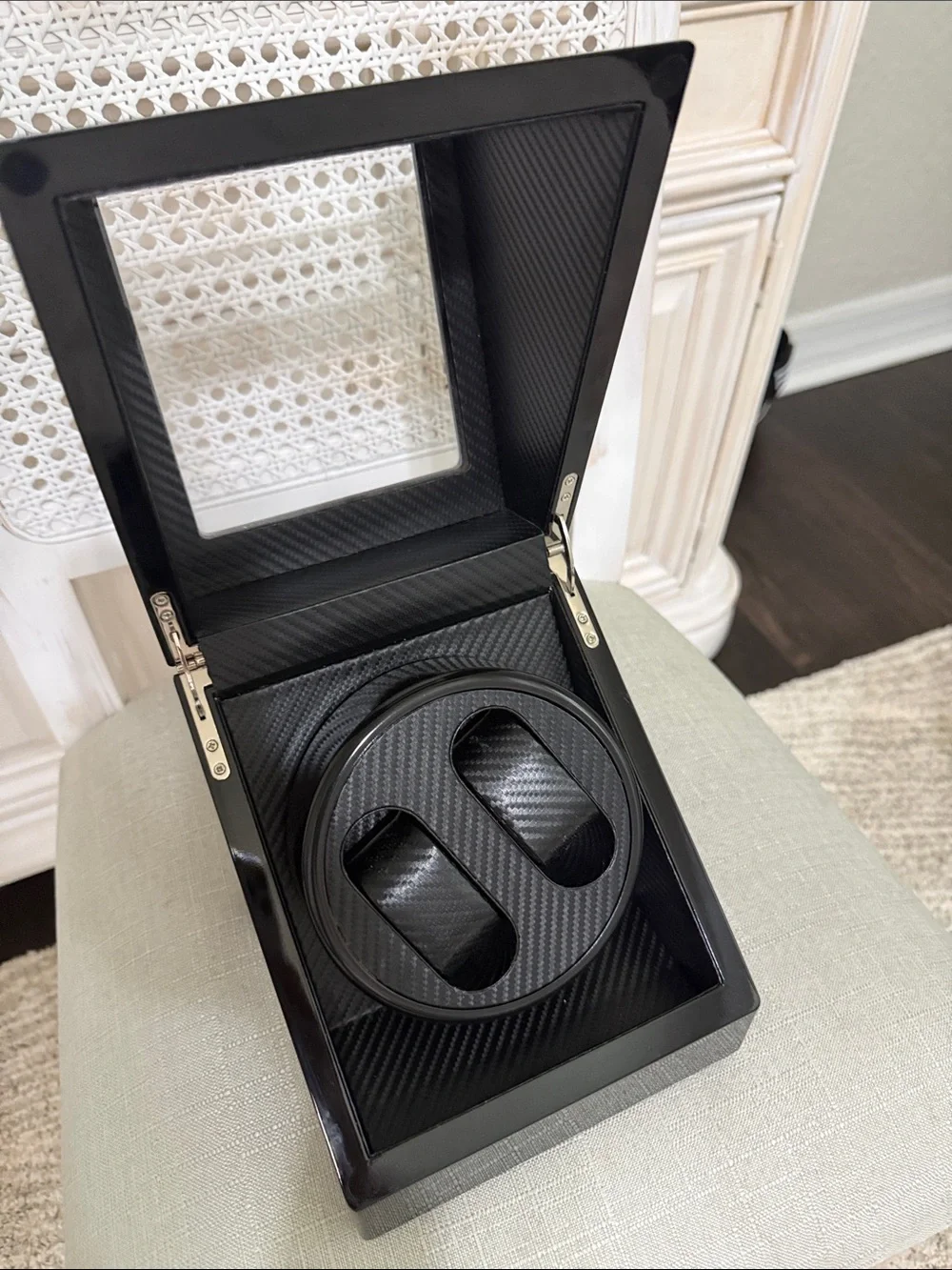 Dual Watch Winder Box in Black with Carbon Fiber Finish